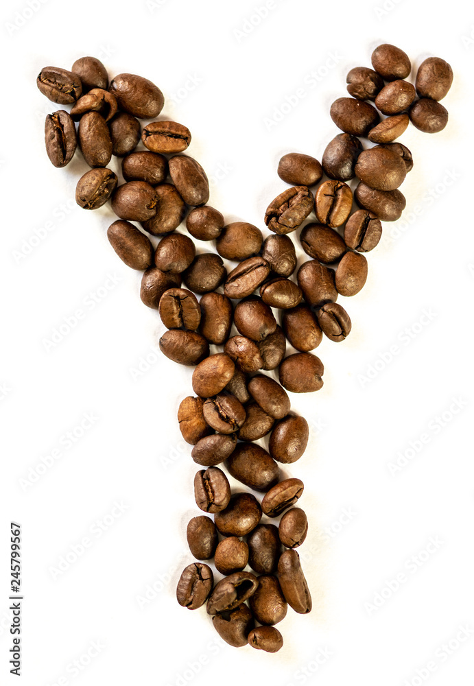 Y letter made from coffee beans isolated on white background Y letter made from coffee beans isolated on white background