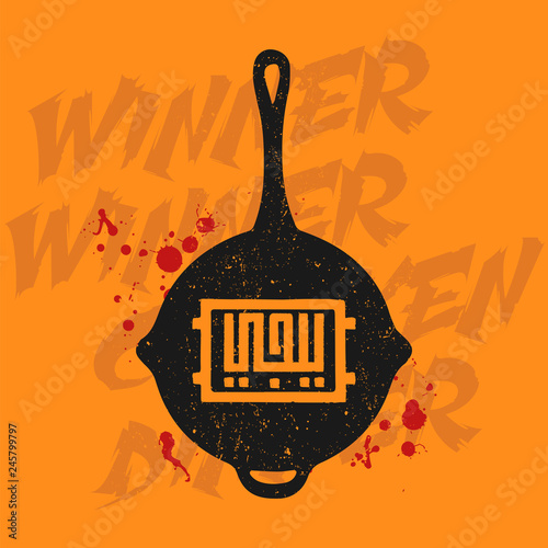 Pubg silhouette pan. PlayerUnknown’s Battlegrounds concept. Arabic calligraphy translation letters " PUBG " on a frying pan vector illustration.