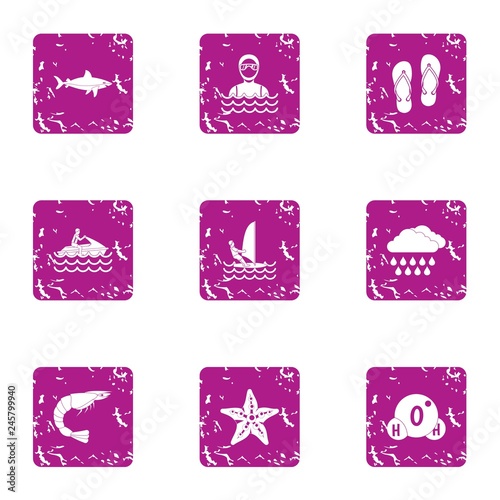 Hydrotherapeutic procedure icons set. Grunge set of 9 hydrotherapeutic procedure vector icons for web isolated on white background
