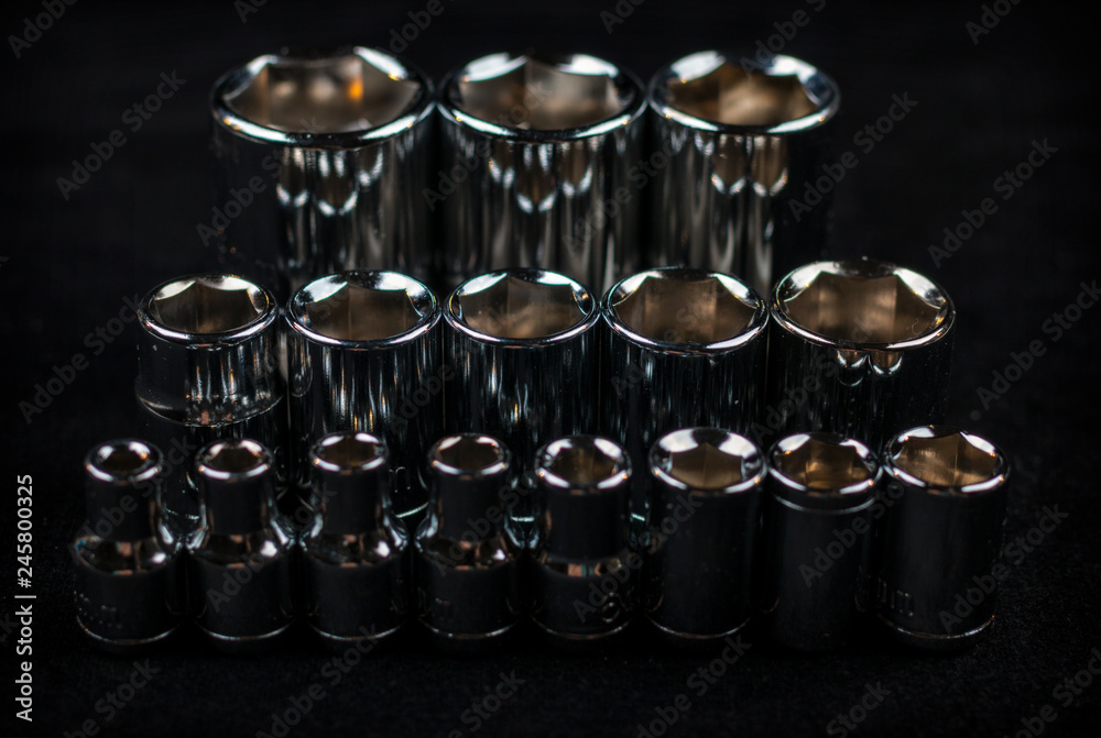 socket set in metric sizes on black background socket set in metric sizes on black background