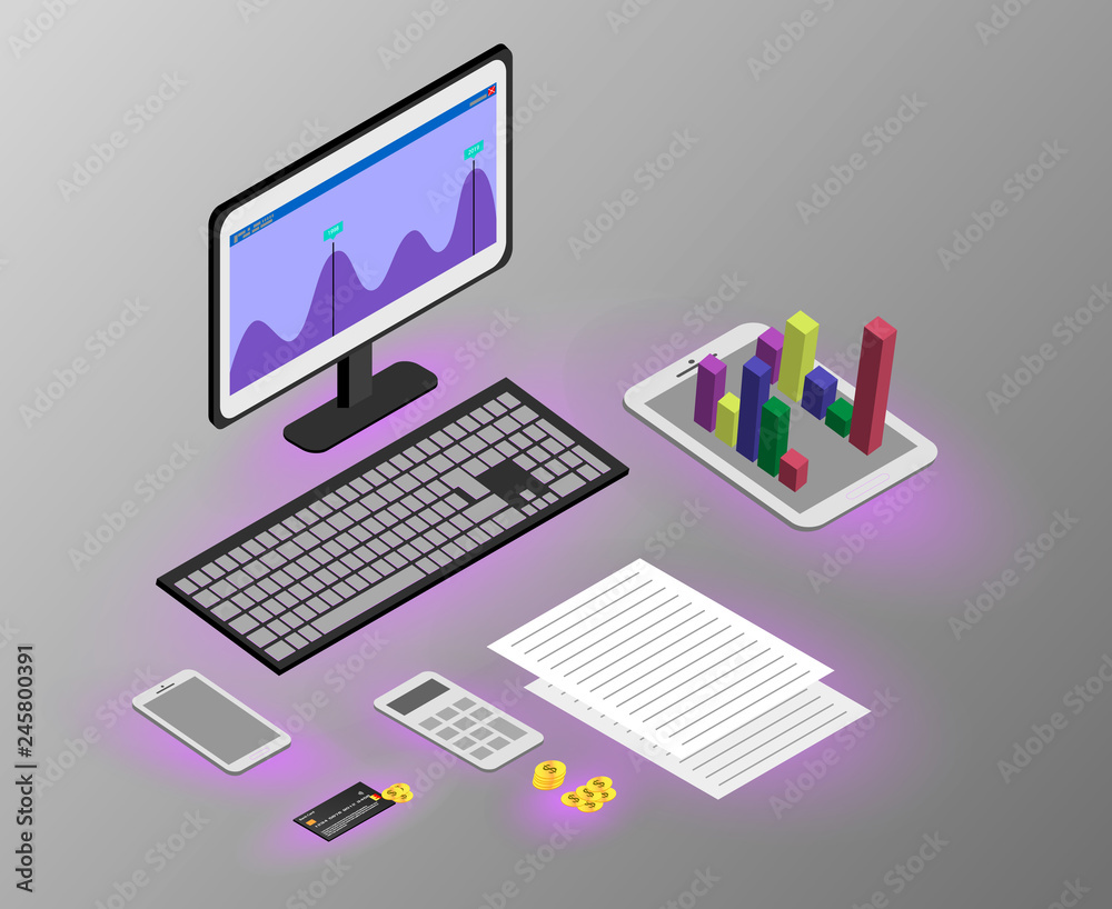 Isometric concept of the business application. 3D monitor and smartphone, tablet with 3D graphics, calculator, Bank card, money. Mobile technology vector background Isometric concept of the business application. 3D monitor and smartphone, tablet with 3D graphics, calculator, Bank card, money. Mobile technology vector background