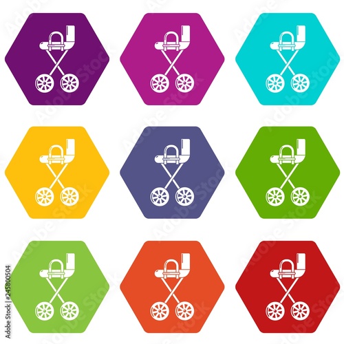 Baby carriage yellow icons 9 set coloful isolated on white for web