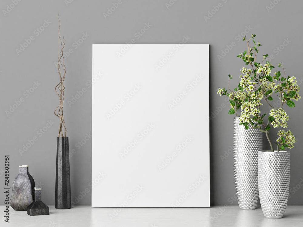 Mock up poster with flowers decoration composition on gray wall, 3d render, 3d illustration - obrazy, fototapety, plakaty 