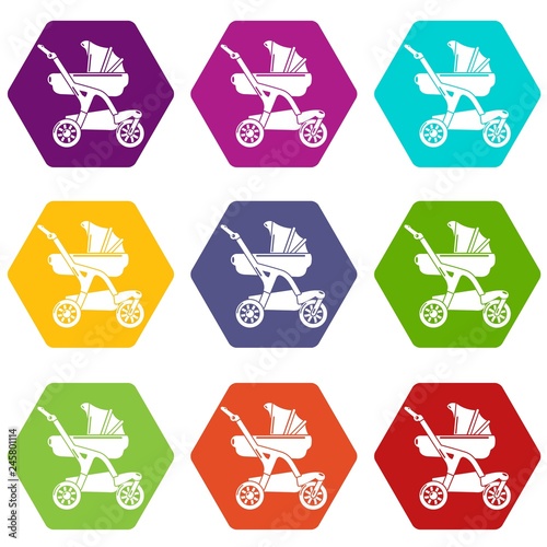 Baby carriage designer icons 9 set coloful isolated on white for web