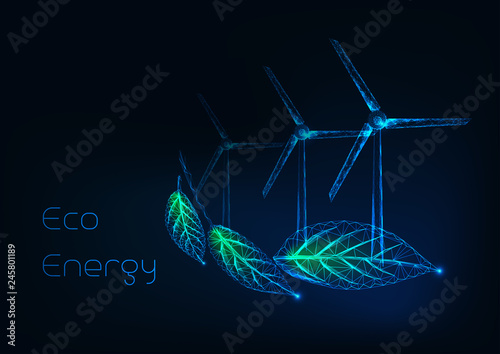 Alternative eco energy concept with glow low poly leaves and wind turbines.