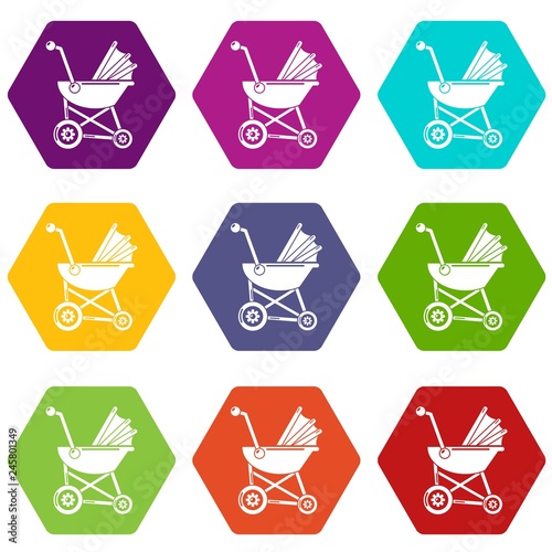 Baby carriage retro icons 9 set coloful isolated on white for web