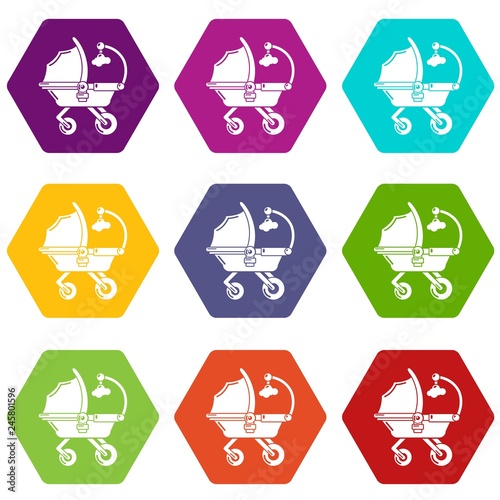 Fototapeta Naklejka Na Ścianę i Meble -  Baby carriage cute icons 9 set coloful isolated on white for web