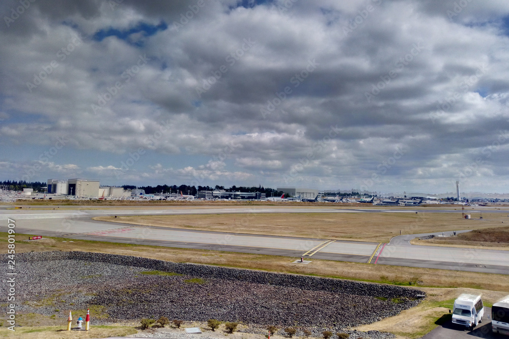 Seattle, USA - September 1, 2018: Boeing factory and runway at Boeing field. Seattle, USA - September 1, 2018: Boeing factory and runway at Boeing field.