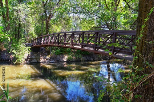 Views of Jordan River Trail Pedestrian and Train Track Bridge with surrounding trees  Russian Olive  cottonwood and muddy stream along the Wasatch Front Rocky Mountains  in Salt Lake City  Utah.