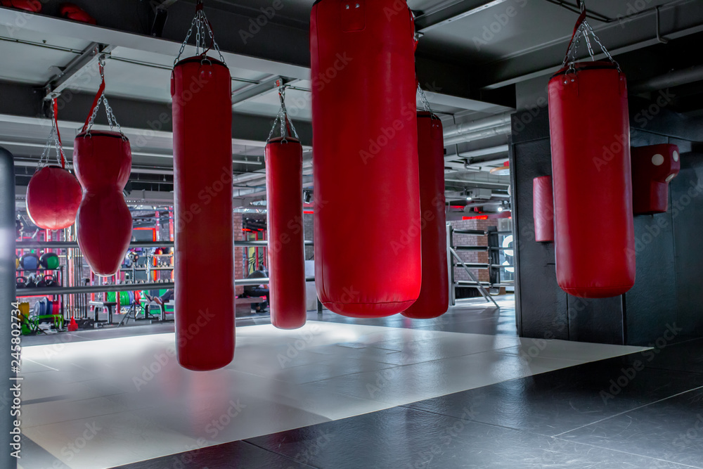 Red punching bags with gym background. Pears for boxing