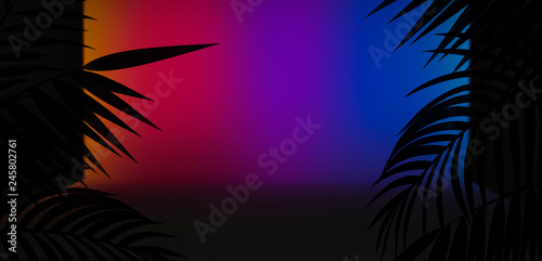 Neon, empty stage, wall, background with bright lighting, night city, night view. Tropical leaves. © MiaStendal