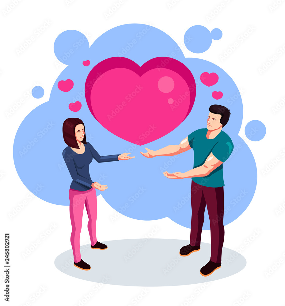 Two lovers people man and woman characters holding heart. Vector flat cartoon graphic design illustration Two lovers people man and woman characters holding heart. Vector flat cartoon graphic design illustration