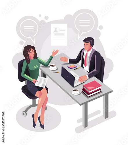 Candidate woman office worker character interviewing with boss sitting on table dest workplace. Recruitment head hunting human resources hr isometric concept. Vector flat cartoon graphic design illust