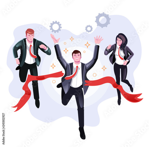 Office worker businessman character winner crossing finish lint. Team competition corporate concept. Vector flat cartoon graphic design illustration