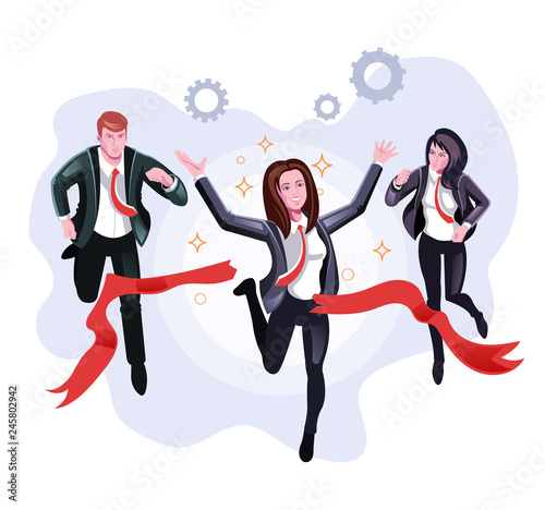 Office worker business woman character winner crossing finish lint. Team competition corporate concept. Vector flat cartoon graphic design illustration