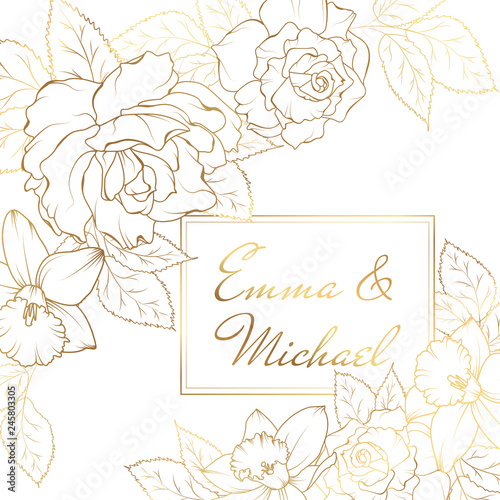 Narcissus daffodil rose flowers corner frame decoration. Wedding marriage event invitation card template.