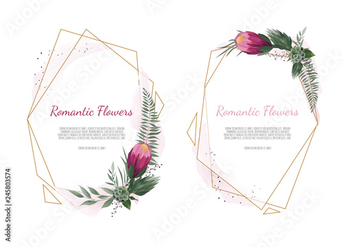 Set Vector floral design card. Greeting, postcard wedding invite template. Elegant frame with rose and anemone