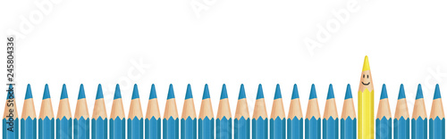 Blue pencils on bottom with one yellow pencil. Illustration with smile.