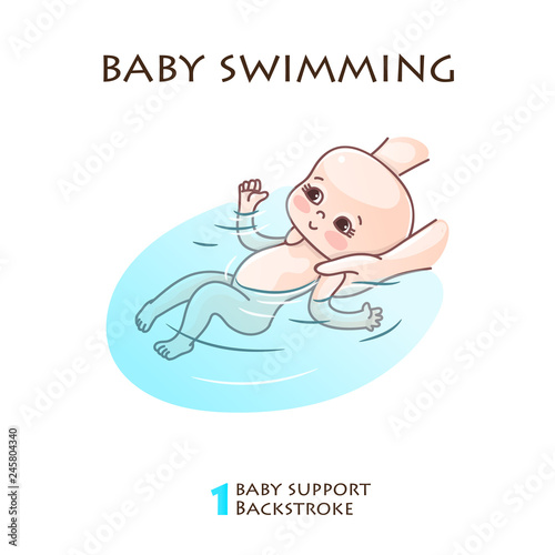 Mom bathes the baby in the pool. Infographics of proper support for the baby while swimming. Vector illustration of a newborn baby bathing. Baby swims in the pool.