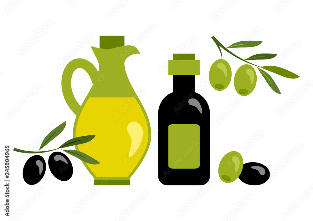 Olive oil with black and green olives. Vector illustration Olive oil with black and green olives. Vector illustration