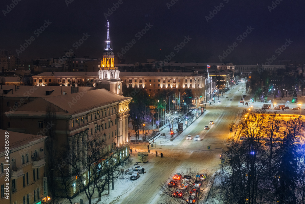 Obraz premium Night Voronezh downtown in winter, aerial summer cityscape from rooftop