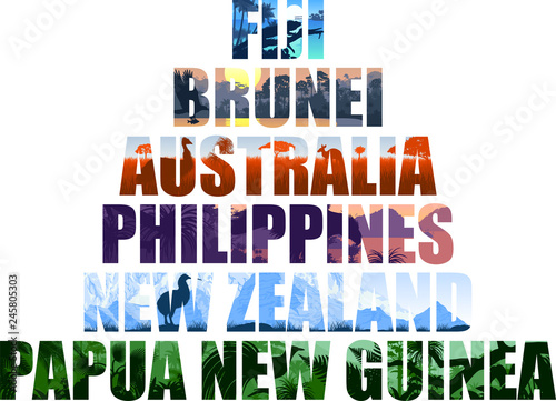 set of Oceania countries illustrations: Fiji, Brunei, Australia, Philippines, New Zealand, Papua New Guinea