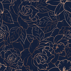 Wandcirkels Bloemenprints patronen Rozen en narcissen op donkere achtergrond  © imaginarybo