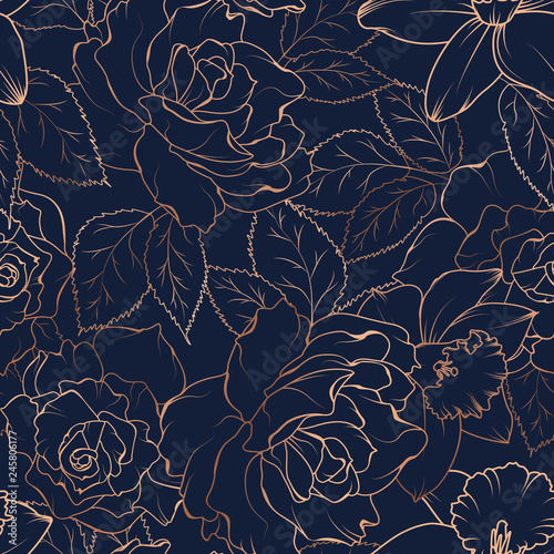 Seamless pattern with roses and daffodils on dark. Vector illustration.