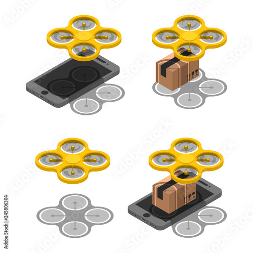 Set wireless drone delivery online isometric. Delivery parcel package using drone on screen smartphone