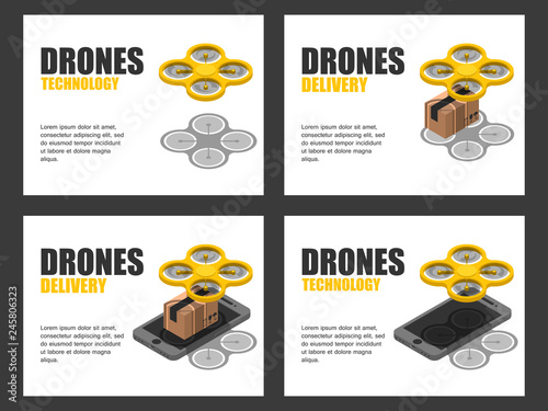 Set concept web page delivery package online using drone or quadcopter isometric