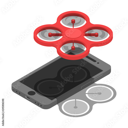 Quadcopter above modern smartphone isometric. Wirless drone controlled from a smartphone