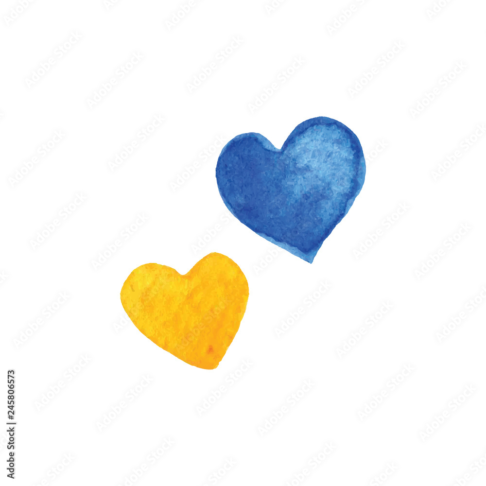 watercolor, hand drawn yellow and blue hearts isolated on white background