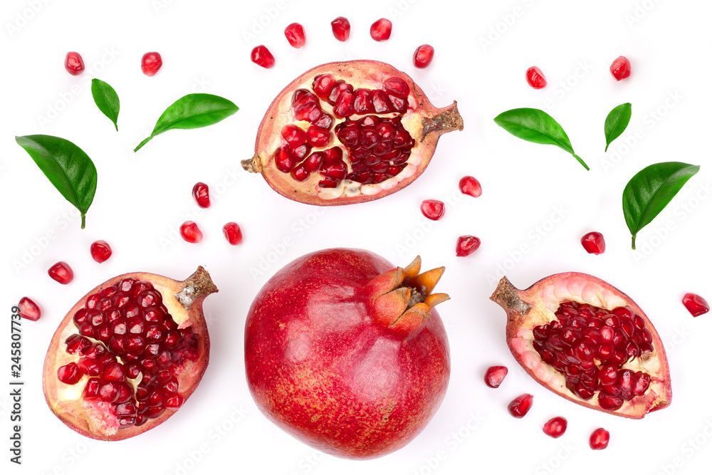 pomegranate with leaves isolated on white background. Top view. Flat lay pattern pomegranate with leaves isolated on white background. Top view. Flat lay pattern