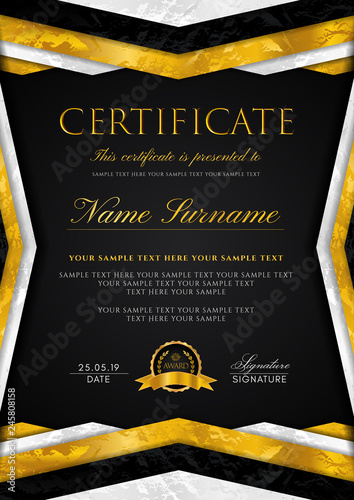 Certificate template with geometry frame and gold badge. Black background design for Diploma, certificate of appreciation, achievement, completion, of excellence, award