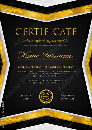 Certificate template with geometry frame and gold badge. Black background design for Diploma, certificate of appreciation, achievement, completion, of excellence, award