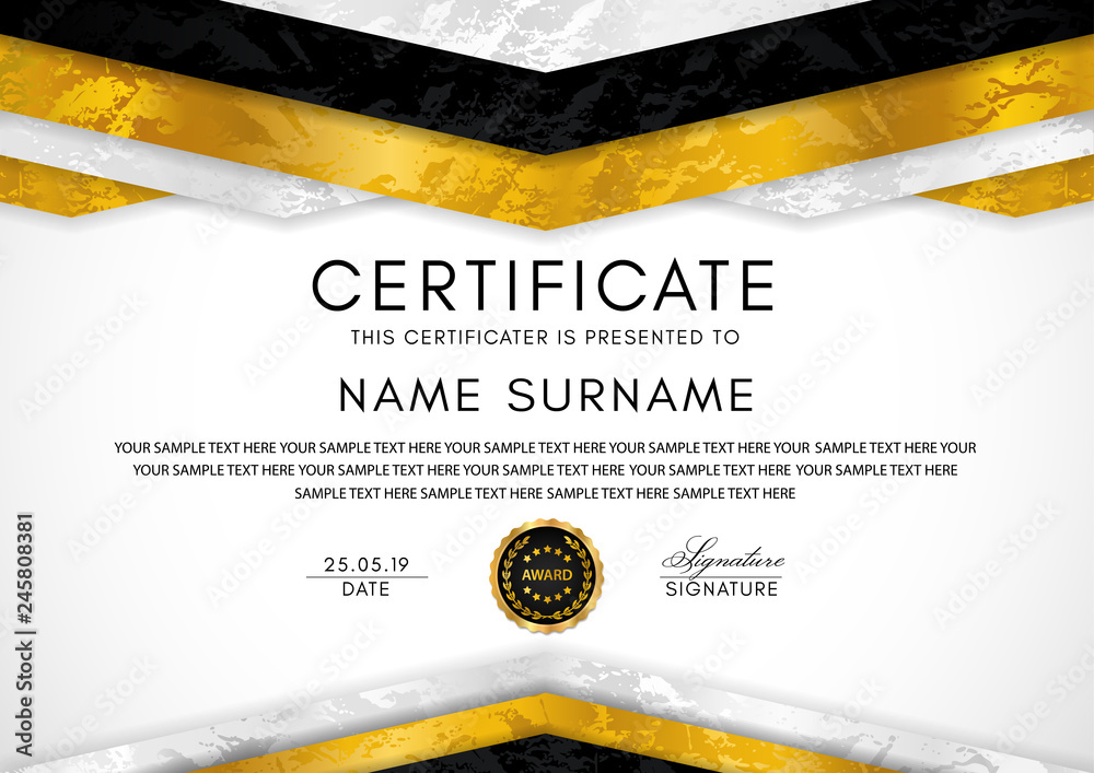 Certificate template with geometry frame and gold badge. White