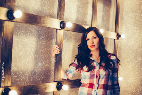 Brunette model young woman in wooden interior photo