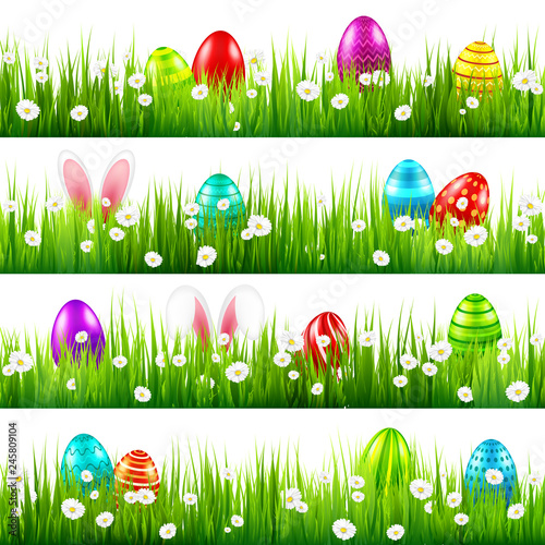 Easter eggs on grass with bunny rabbit ears set. Spring holidays in April. Sunday seasonal celebration with egg hunt.
