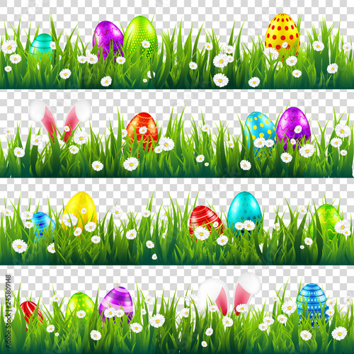 Easter eggs on grass with bunny rabbit ears set. Spring holidays in April. Sunday seasonal celebration with egg hunt.
