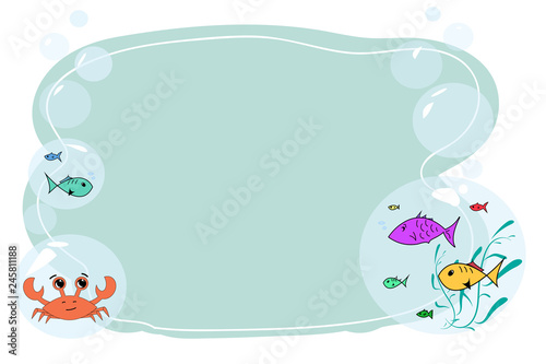 Form for text and notes with a cartoon crab and fish. Vector blank for a banner on the marine theme. Form for notes with crab and fish. Vector baby frame for your text. School frame for text.