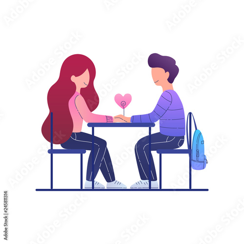 Romantic couple holding hands in cafe. Vector flat illustration