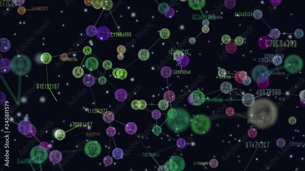 Digital, graphic video animation of flying banners, icons with people faces. concept of growing population of the earth. or another concept of growing online community, world of internet