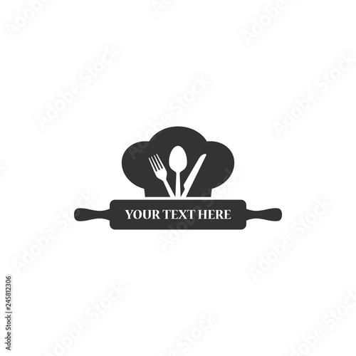 Restaurant business company logo vector design. Black isolated cooking emblem of chef cap, rolling pin, fork, spoon and knife.