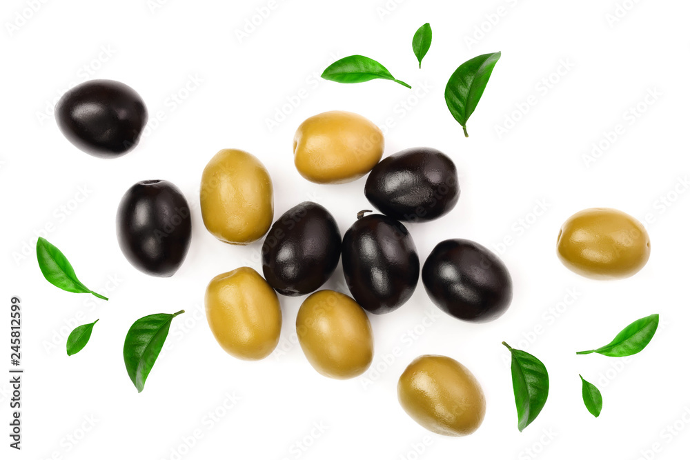 Green and black olives isolated on a white background. Top view. Flat lay Green and black olives isolated on a white background. Top view. Flat lay