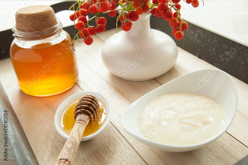 Fresh honey and natural milk yogurt served in white porcelain dishware