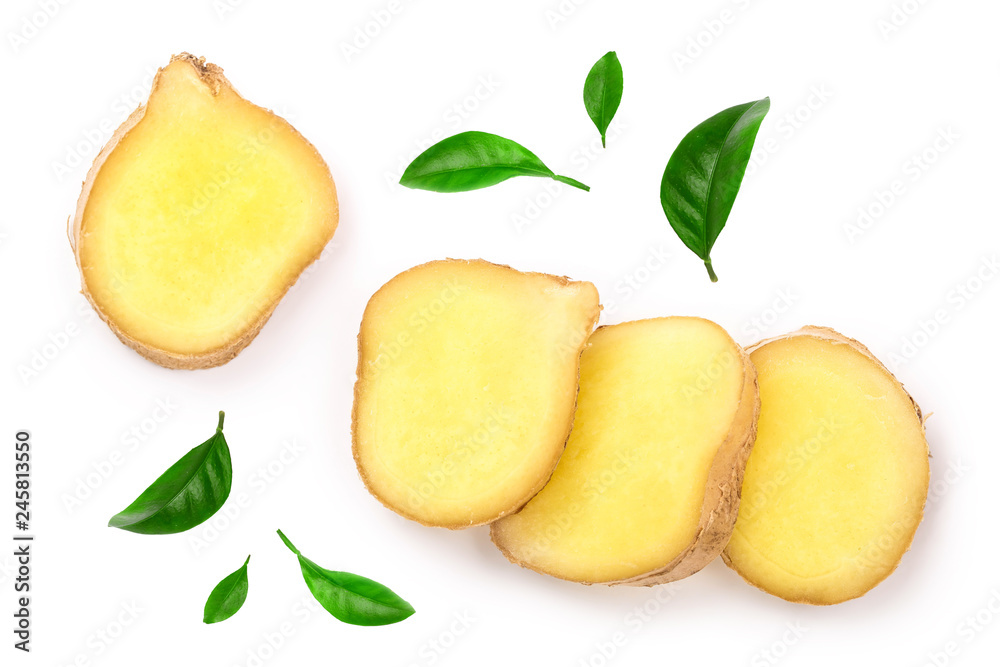slice of fresh Ginger root isolated on white background with copy space for your text. Top view. Flat lay slice of fresh Ginger root isolated on white background with copy space for your text. Top view. Flat lay