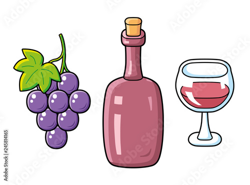 Red wine bottle, glass, grape bunch isolated.
