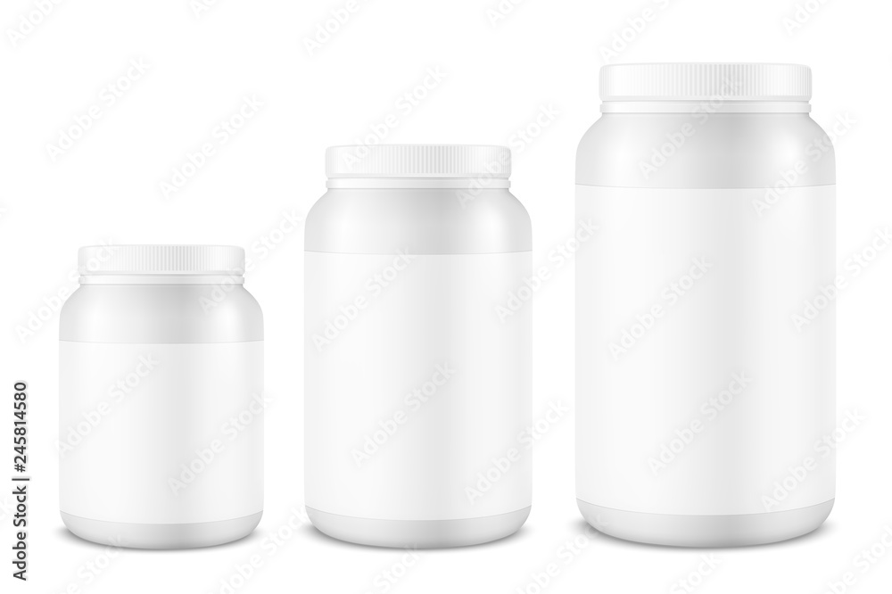 Vector Realistic 3d White Plastic Jar, Can with Lid Set Closeup Isolated on White Background. Design Template of Whey Protein, Sport Powder, Vitamins, BCAA, Pills, Caps for Mockup. Front View Vector Realistic 3d White Plastic Jar, Can with Lid Set Closeup Isolated on White Background. Design Template of Whey Protein, Sport Powder, Vitamins, BCAA, Pills, Caps for Mockup. Front View