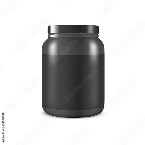 Vector Realistic 3d Black Plastic Jar, Can with Lid Closeup Isolated on White Background. Design Template of Whey Protein, Sport Powder, Vitamins, BCAA, Pills, Caps for Mockup. Front View