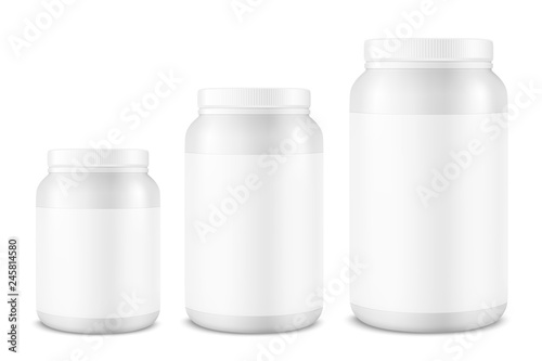 Vector Realistic 3d White Plastic Jar, Can with Lid Set Closeup Isolated on White Background. Design Template of Whey Protein, Sport Powder, Vitamins, BCAA, Pills, Caps for Mockup. Front View © gomolach